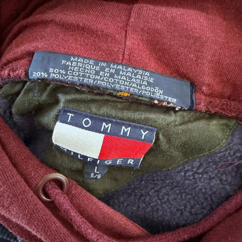 Vintage Tommy Hilfiger Crest Hoodie Rugby Striped Hood Colorblock Distressed L - Picture 10 of 12